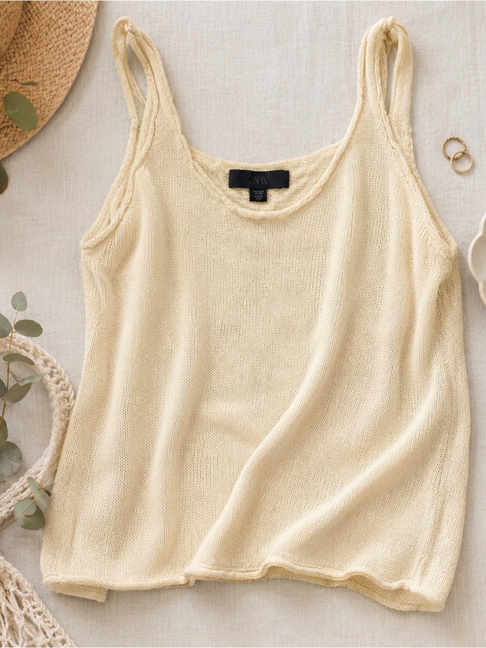 Zara Linen Blend Knit Tank Top | Butter Yellow Sleeveless Sweater | Size Medium